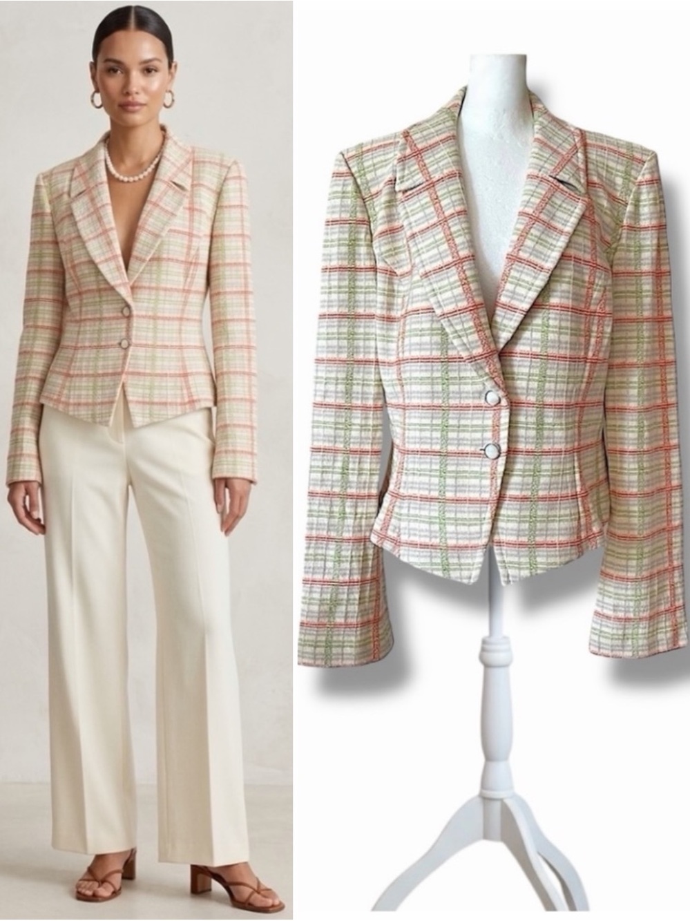 St John Marie Gray Boucle Tweed Plaid Blazer Fits Size 8 Jacket Cream Coral CR0